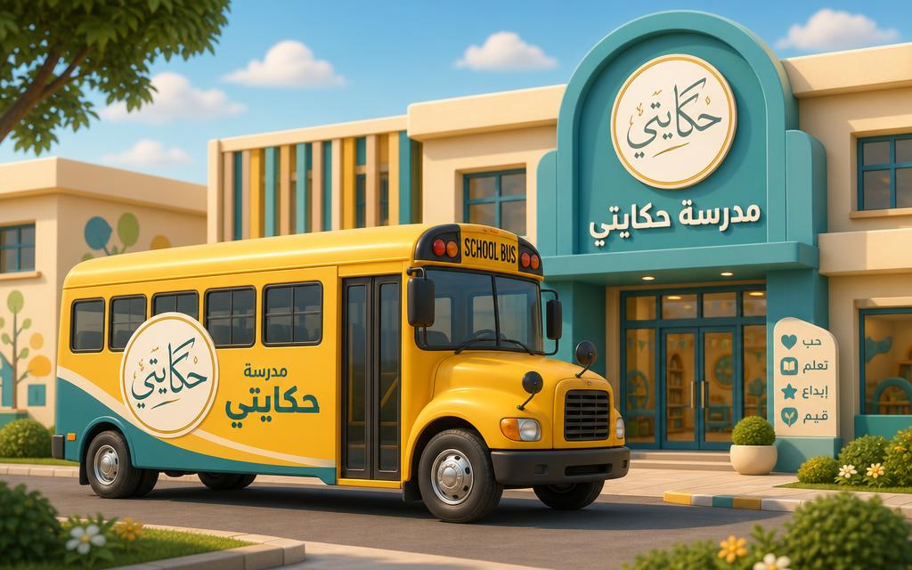 باص مدرسة بشعار المؤسسة داخل قصة حكايتي